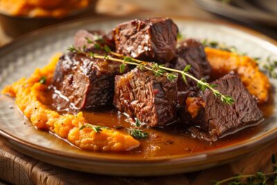 Découvrez comment préparer un délicieux bœuf bourguignon avec une touche de douceur : la purée de patates douces