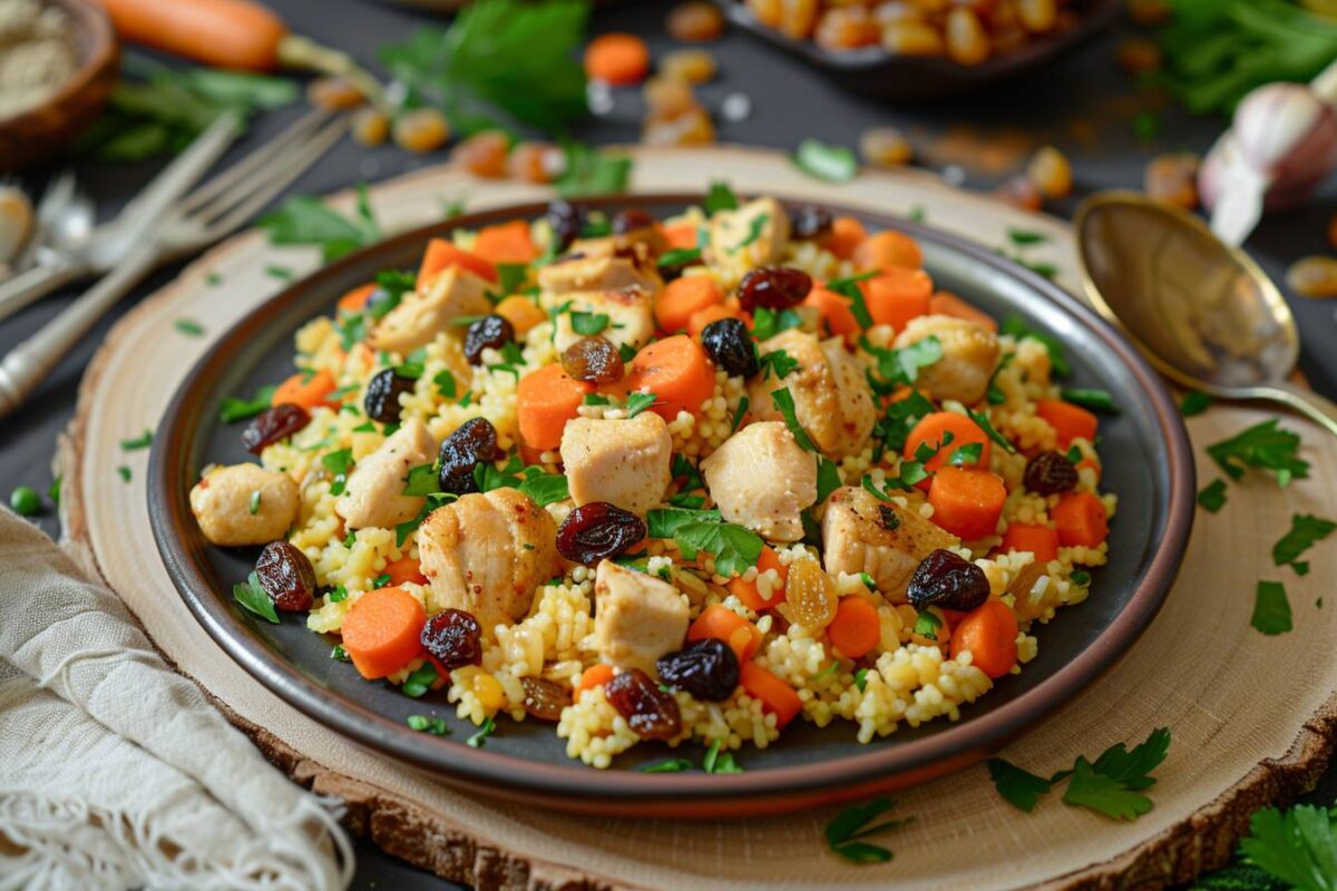 Découvrez comment préparer un délicieux boulgour au poulet, carottes et raisins secs