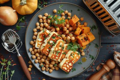 Découvrez comment préparer un délicieux plat de courge butternut épicée avec halloumi et pois chiches au airfryer