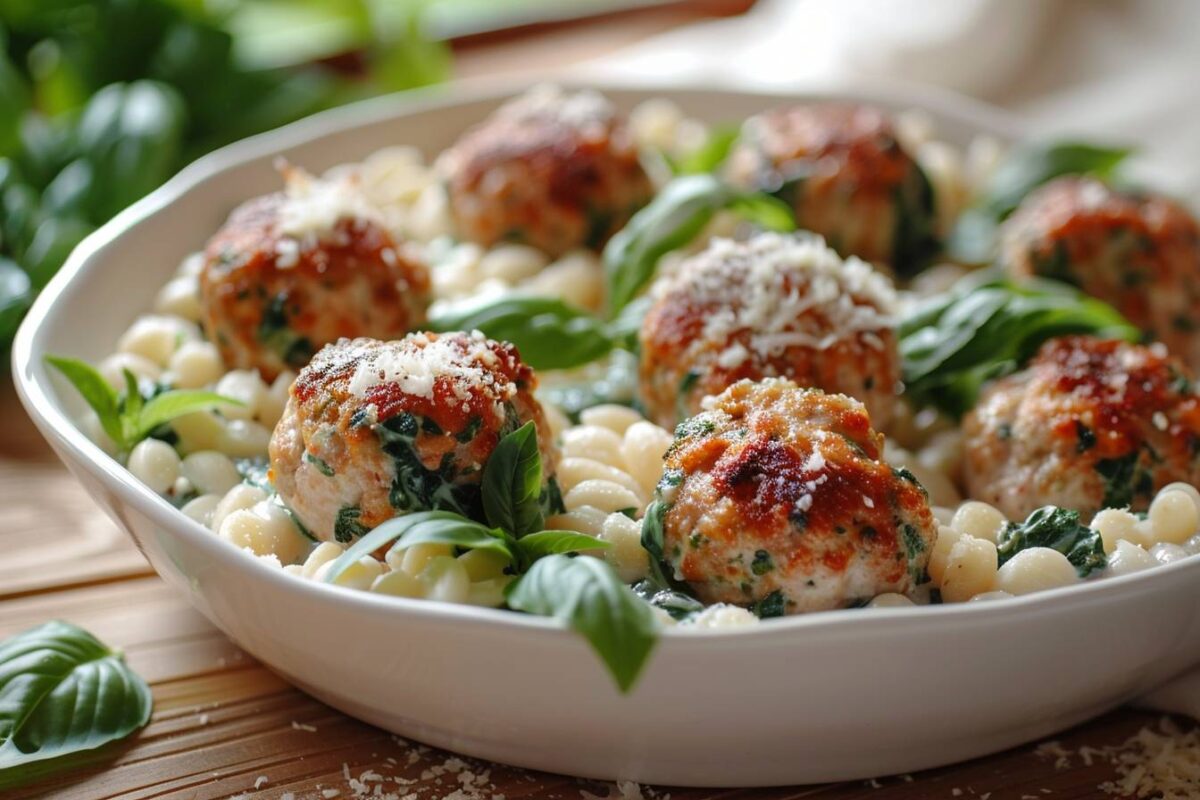 Découvrez comment réinventer votre dîner avec la fregola crémeuse et boulettes de poulet aux épinards et parmesan