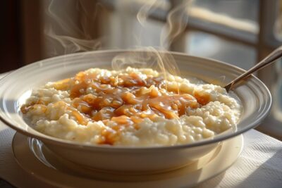 Découvrez la magie du riz au lait onctueux avec un twist de caramel laitier, une recette pour égayer vos journées grises