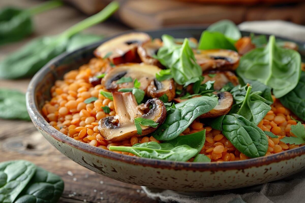 Explorez cette recette savoureuse de lentilles corail avec épinards et champignons, un délice à ne pas manquer