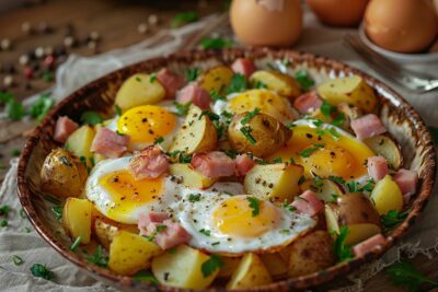 Redécouvrez le confort d’un repas simple: poêlée de pommes de terre au jambon et œufs, un délice à partager