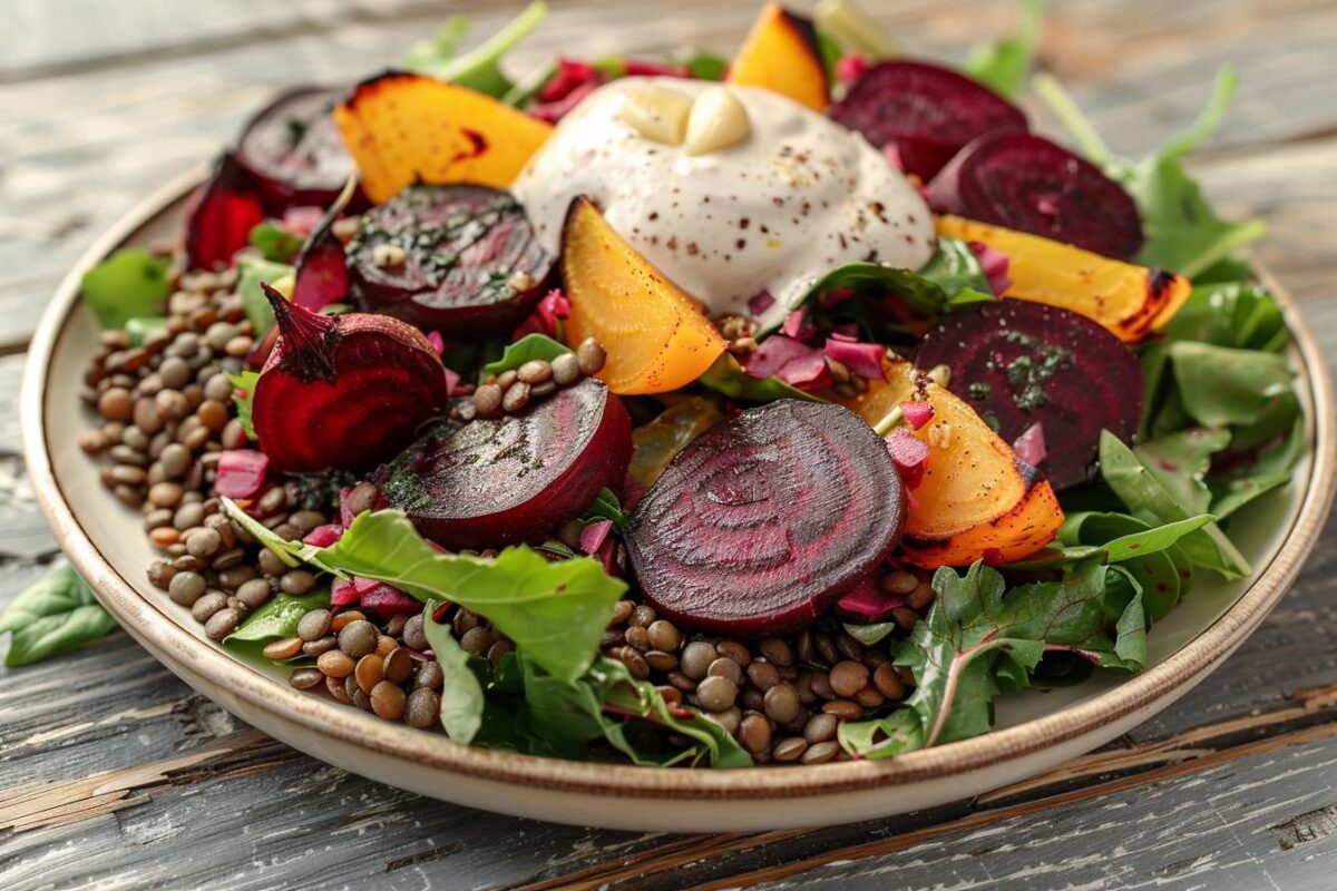 Voici comment transformer votre repas avec une salade de lentilles et betteraves rôties, agrémentée d’une sauce ail confit